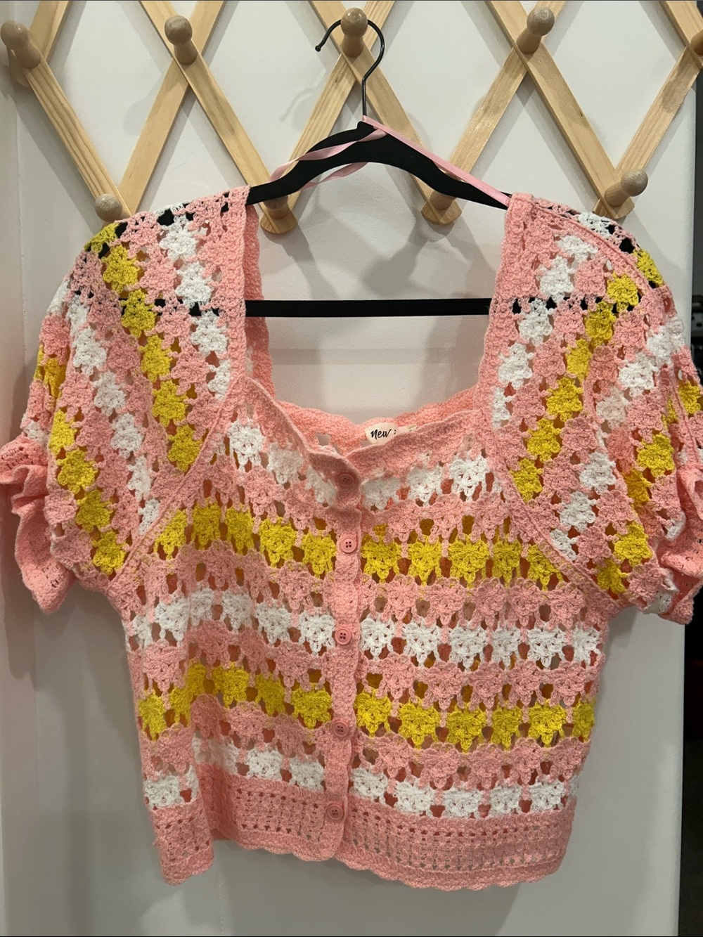 Hand-Crochet Button-Front Crop Top in Pink, Yellow & White